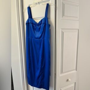 Blue satin le chateau dress, knee length made in Canada